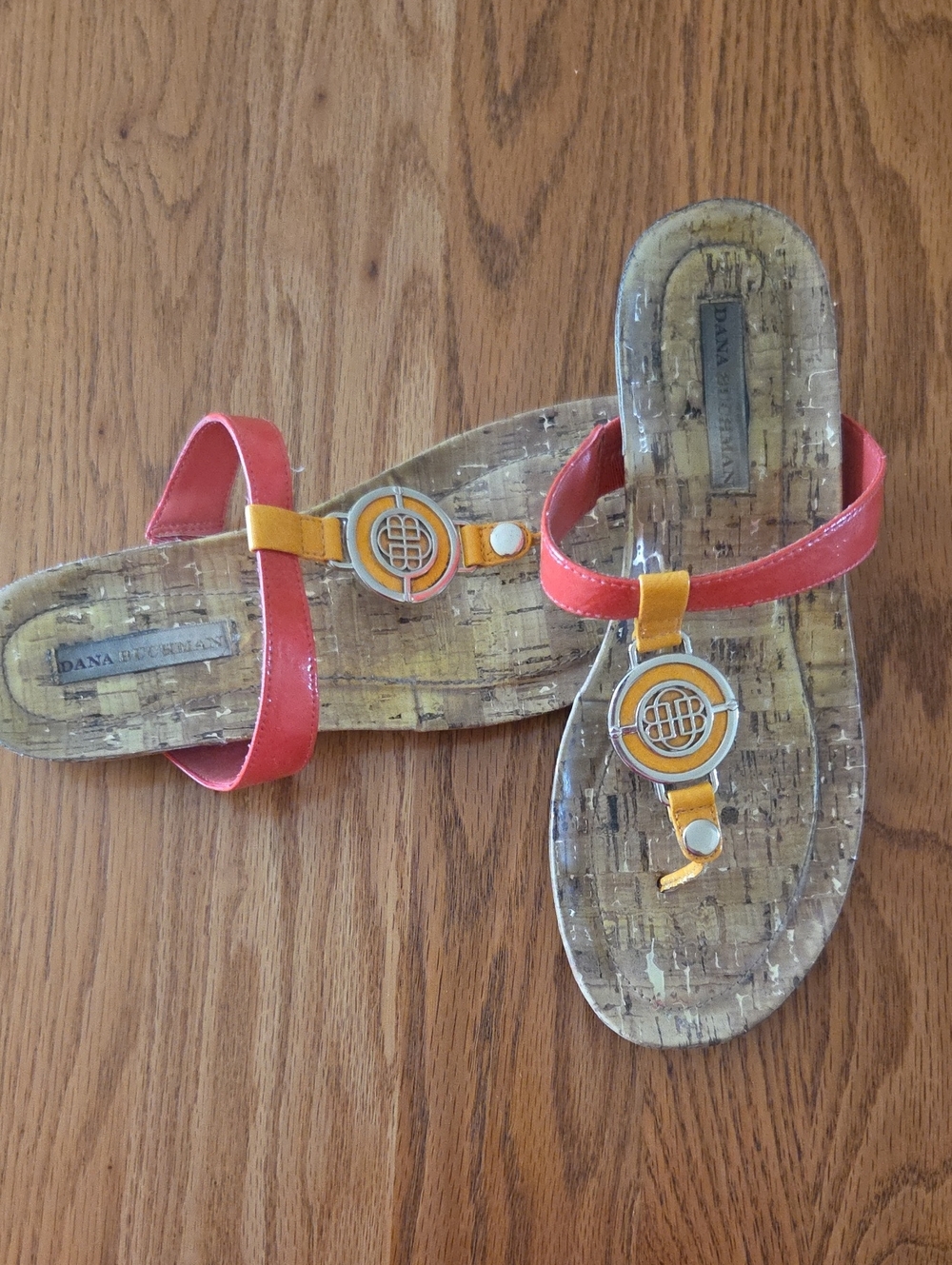 Dana Buchman Orange and Yellow Cork Sandals with Goldtone Logo Medallion